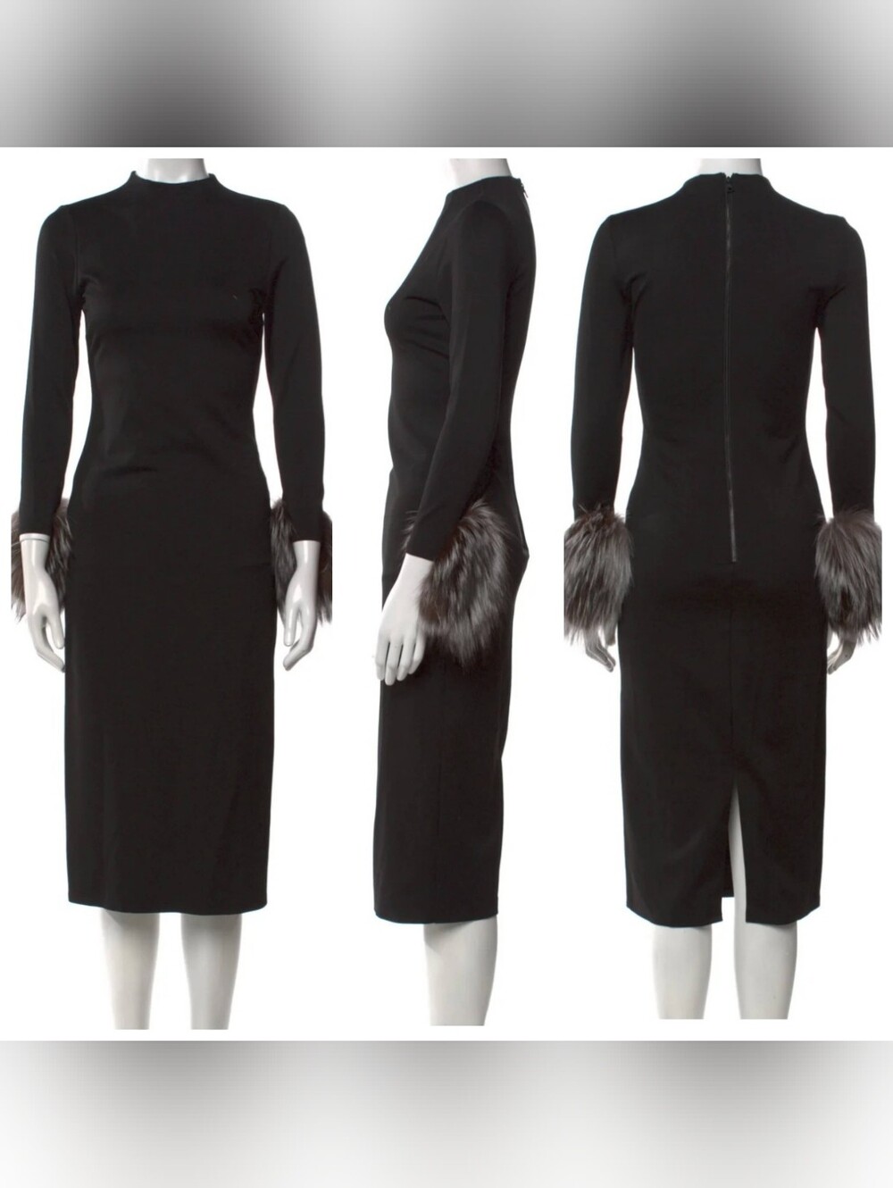 ALICE + OLIVIA Delora Fox Fur-cuff Sleeve Black Midi Dress. Size 4 $550 - Picture 11 of 12